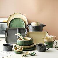 （glistening shop） ColorTableware แฟชั่นสูง RetroCeramic อาหารเย็นจานชามซุปชามถาดช้อนรวมกันหรูหรา