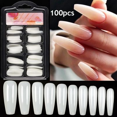 100pcs/box Fake Nails Full Coverage Clear White Press On Nails Capsule T-shaped Water Drop False Nails Stickers Accessories