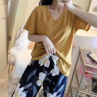 Pajamas Women Sleepwear Set Spring Summer Viscose Short-Sleeve Long Pants Suits Ladies Home Services Floral Printed Lingeries