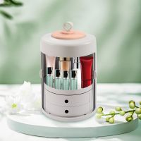 【YD】 Makeup Organiser Rotating Door Storage Dust-Proof with 2 Drawers and Carry Handle