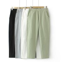 【มีไซส์ใหญ่】Plus Size Womens XL-5XL Elastic Waist Cotton&amp;Linen Stretchable Long Pants Solid Color Harem Slim Female Trousers