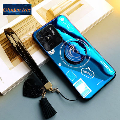 Gloden tree For Xiaomi Redmi 10A Case Camera Pattern + Stand + Beautiful Tassel Hand Strap Protective Back Cover Couple Cases