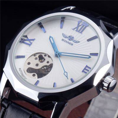 New WINNER Brand Blue Pointer Watch Men Clock Business Mechanical Automatic Watches Leather Strap Silver Male Wristwatch