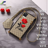 JieFie เคสลายดอกกุหลาบสำหรับ VIVO V25 / V25 Pro / V21 / V21E / V23 / V23E / V9 / V11i / V15 / V15 Pro / V17 Pro / V20 / V20 Pro / V20 Se/ V27 / V27 Pro เคสโทรศัพท์สี่เหลี่ยมชุบชุดหนังฟอกโครเมียมสุดหรู + สายคล้อง