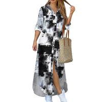 ZZOOI Elegant Letter Print Women Long Shirt Dress Spring Summer Long Sleeve Maxi Dress Casual Female Button Split Party Dress Vestidos