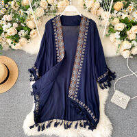 Boho Vintage Embroidery Woman Long Kimono Shirt Ethnic Loose Cardigan Tops Holiday Sunscreen Blouses Female Beach Outer Cover