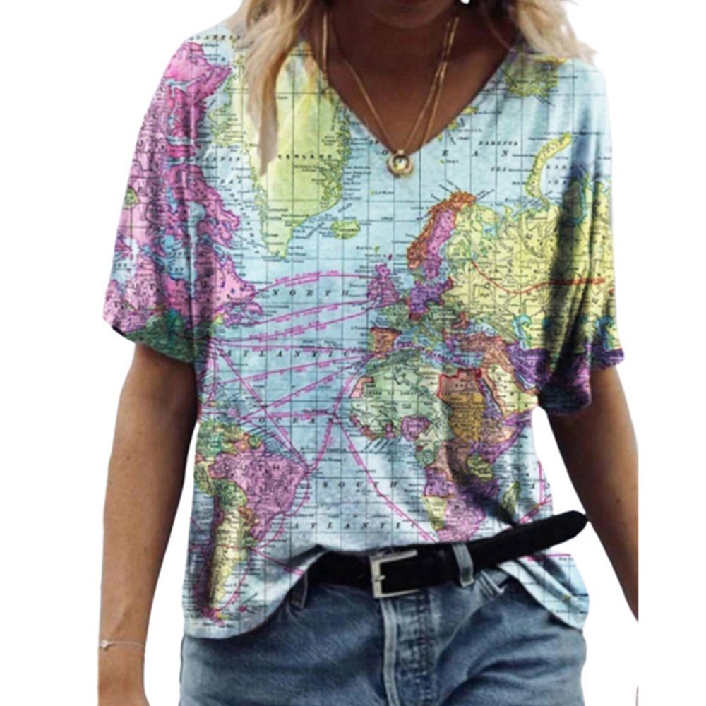 Women V Neck Short Sleeve Blouse Loose Comfy T Shirt Casual Map Printing Top Tee