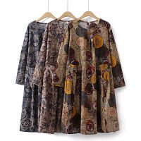 【มีไซส์ใหญ่】Plus Size XL-5XL Womens Floral Printed Long Dresses Long Sleeved Pleated Vintage Cotton&amp;Linen Spring Autumn Dresses