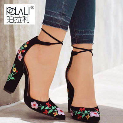 Women High Heels Embroidery Pumps Flower Ankle Strap Shoes Female Two Piece Sexy Party Wedding Pointed Toe Feminino Zapatos