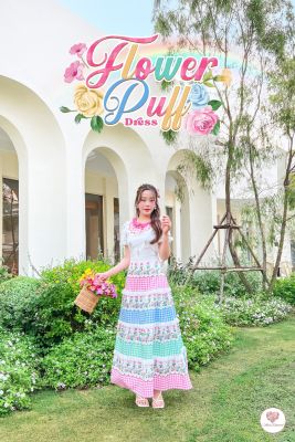 Flower Puff Dress เดรสยาวเเขนสั้น ตัวนี้ใส่ง่ายใส่ได้every day look น่ารักมากกกกก