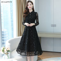 Temperament Lace Dress Plus Size Womens Clothing 2022 Spring and Autumn New Waist Slim Skirt Black Long-sleeved Dresses Fashion