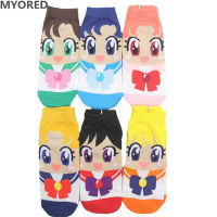 MYORED Spring summer fashion womens short tube socks cartoon cotton socks Cute lovely sailor moon female ankle sock 6pairLot