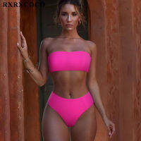 RXRXCOCO Bandeau Swimwear Women 2021 High Waist Bikini Set Push Up Printed Swimsuit Beachwear Bathing Suit Solid Women Bikini