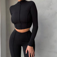 Womens Sportswear Set Workout Clothes Athletic Wear Sports Gym Legging Seamless Fitness Long Sleeve Crop Top Leggings 2PCS Suit