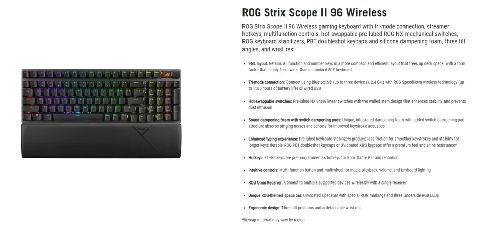 ASUS ROG Strix Scope II 96 Wireless Gaming Keyboard， Tri-Mode