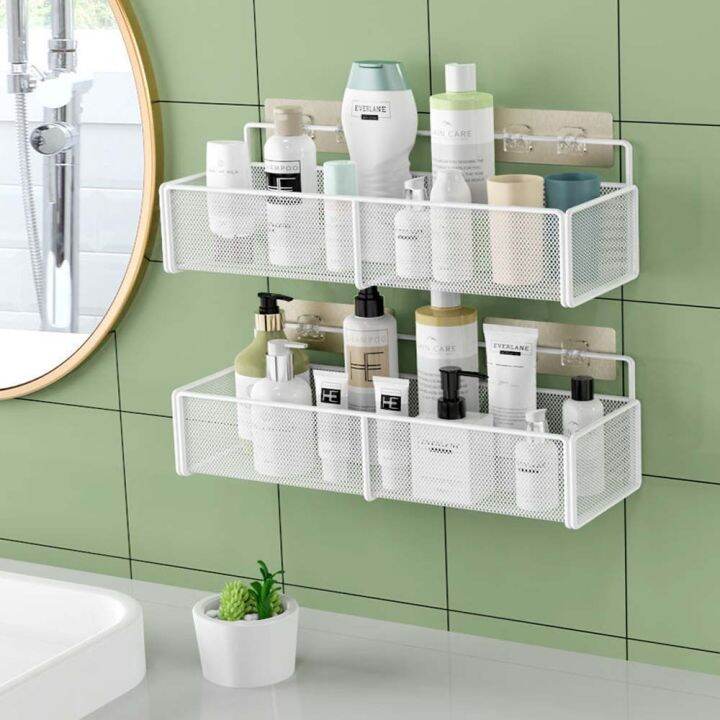 bathroom-shelf-organizer-ชั้นวางในห้องน้ำ-ชั้นวางของในห้องน้ำ-แบบติดผนัง-ไม่ต้องเจาะผนัง-ที่วางเป้นแบบตาข่ายเหล็ก-ระบายน้ำได้ดี-ไม่อับชื้น-ชั้นวางของในห้องน้ำไม่เจาะผนัง-bathroom-shelving-ชั้นวางของใน