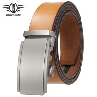 Plyesxale New Fashion Yellow Brown Ratchet Belt For Men 100% Genuine Leather Automatic Buckle Casual Trouser Belts Strap B767 Belts
