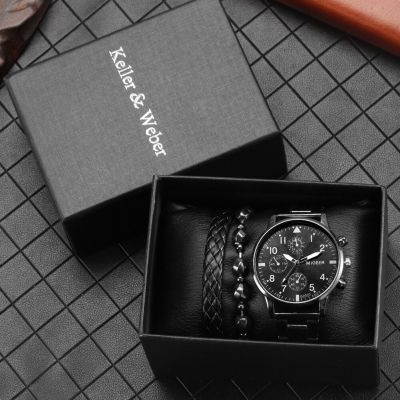 Watch Bracelet Mens Gift Set Black Stainless Steel Quartz Dial Safety Buckle 2 Bracelets Chain Best Birthday Gifts Box for Boys