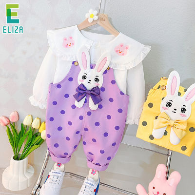 ES Girls Set: Spring and Autumn 2023 New Western-style Childrens Fashionable Baby Spring Polka Dot Rabbit Strap Two-Piece Set