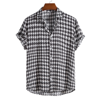 เสื้อผู้ชายฤดูร้อนที่เดินทางมาพักผ่อนชาติพันธุ์ผ้าฝ้ายผสมเสื้อ Houndstooth ลายสก๊อตพิมพ์ปกเสื้อแขนสั้น Streetwear Camisas ท็อปส์