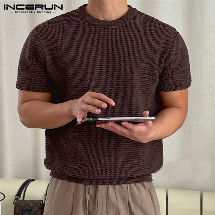 ผู้ชายแขนสั้น-incerun-เสื้อยืดถักลายตารางแบบลำลอง-สไตล์เกาหลี