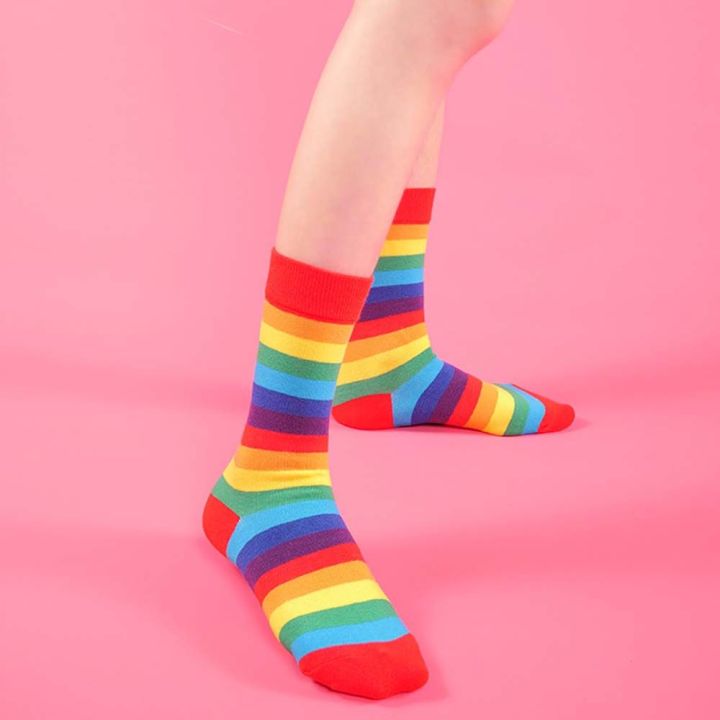therye-ชุดเดรสถุงเท้าสีรุ้งลายของผู้หญิงแฟชั่นสีลูกอมมีความยืดหยุ่นย้อนยุคถุงเท้ายาวผ้าฝ้าย