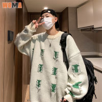 WOMA ผู้ชายอินเทรนด์ยี่ห้อเสื้อแขนยาวคอกลม Pullover Designer ผู้ชายสไตล์แขนยาวเสื้อสี Block Beard แขนยาวแจ็คเก็ตแบบถัก