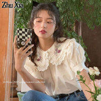 Zhu Xia เสื้อฝรั่งเศสแขนสั้นสำหรับผู้หญิง,เสื้อเสื้อปักลายคอตุ๊กตาเรโทร