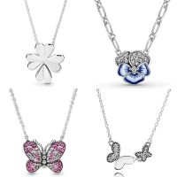 Original Blue Pansy Flower Pink Butterfly Lucky Four-leaf Clover Necklace For 925 Sterling Silver Charm Fashion Jewelry Fashion Chain Necklaces