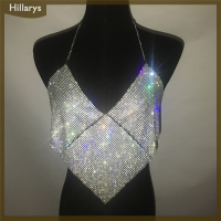 Hillarys เสื้อครอปประดับเพชรทรงสามเหลี่ยมคล้องคอคริสตัลแบบสั้นผู้หญิงระยิบระยับเสื้อฤดูร้อนเปิดหลังเซ็กซี่ไนท์คลับบราเลตต์เสื้อกล้าม