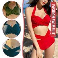 Hot Women Swimsuits Halter Straps with Steel Bra High Waisted Bikini Set Beachwear Swimming Polyester Fabric 2 Pieces