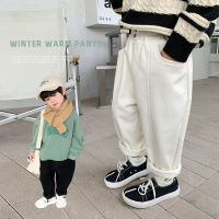 Childrens pants boys and girls 2022 winter New thickened Olympic fleece casual pants baby stitching solid color baggy pants