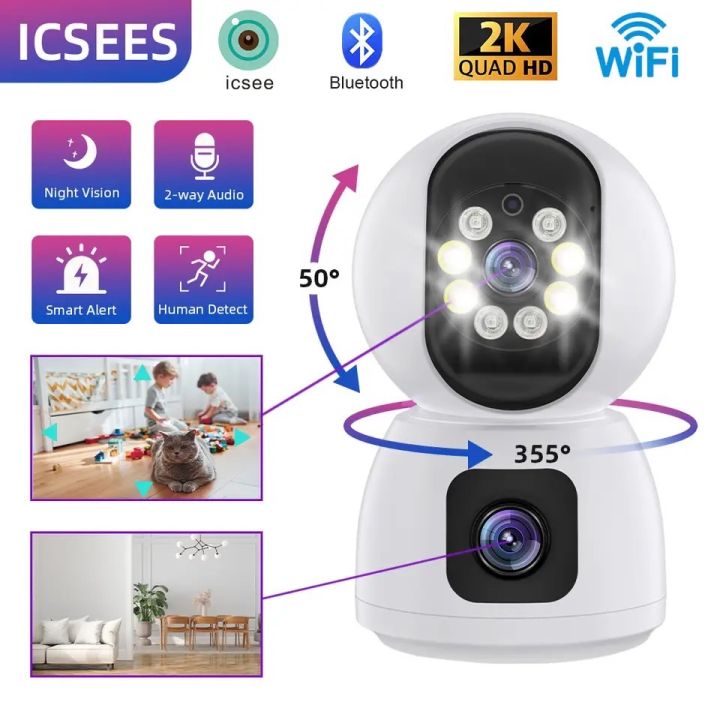 icsee-4mpกล้องวงจรปิด-เลนส์คู่-q11-wifi-dual-หน้าจอการติดตามอัตโนมัติ-ai-human-detection-indoor-home-secuirytมุมกว้าง-120-องศาindoor-wifi-camera-ภาพสี-มีai-คนตรวจจับสัญญาณเต