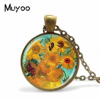 2019 New Vintage Van Gogh Oil Painting Necklace Sunflower Painting Glass Cabochon Necklace Art Ornaments Drawing Painting Supplies