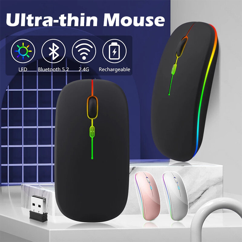 Tetikus Tanpa Wayar Boleh Dicas Semula Senyap Led Backlit Tikus USB+Bluetooth Dual Mod Tetikus Tetikus Komputer Riba Komputer Riba Pc Komputer Riba Mou 2.4Ghz penenima Tikus Optik