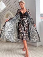 Sexy Bathrobe Set Leopard Print Lace Mesh Slip Dress &amp; Robe Bridal Nightdress Open Side Long Night Gown