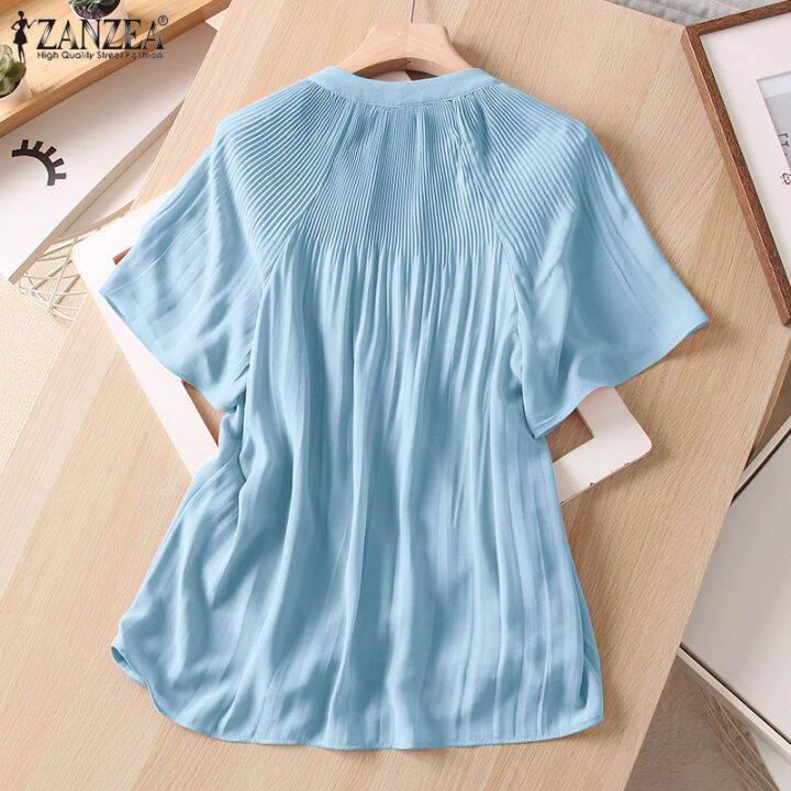 สินค้ามาใหม่-จัดส่งฟรี-fancystyle-zanzea-เสื้อจับจีบหลวมลำลองผู้หญิงแบบสวมหัวเสื้อคอวีแขนสั้นใส่ทำงานหรูหรา-2