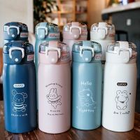 ♦❣ 500ml/300ml Cute Water Bottle Thermos Cup Portable Kawaii Thermos Bottle with Straw and Stickers Kid Stainless Steel Thermal Mug