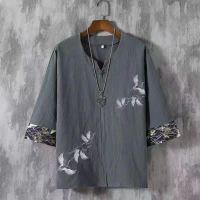 M-5XL Hanfu Men Half Sleeve Traditional Chinese Clothing For Men Crane Embroried Linen Blouse with Frog Buttons Summer Clothes