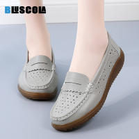 BLUESCOLA รองเท้าส้นเตี้ยสำหรับผู้หญิง Sepatu Pantofel Kulit แท้ไซส์ใหญ่41รองเท้าระบายอากาศได้รองเท้าผู้หญิงพื้นนุ่มกลวง