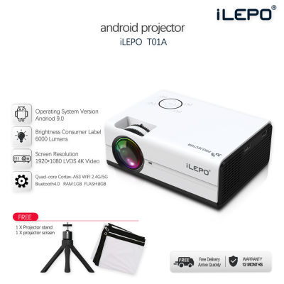 projector 4k Ultra HD Android 9.0 Dual WIFI with Bluetooth netflix YOUTUBE home theater free projection screen bracket Ilepo โปรเจคเตอร์ 4k android