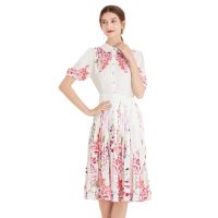 Womens New Fashion Dress High-End Pleated Slimming Elegant White Printed Elegant Dress Retro Fresh Hepburn Style Lapel Shirt Dress