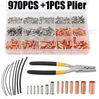 970pcs/set Copper Pipe Connection Joint Wire Small Copper Pipe Cable Crimp Terminal Lug Bushings Kit with Heat Shrink Tube Plier Electrical Circuitry