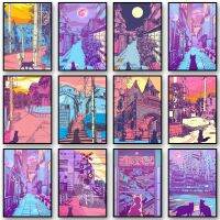 อะนิเมะญี่ปุ่น City Pop Canvas Wall Art - Cat &amp; Street Scene-เหมาะสำหรับห้องนั่งเล่นตกแต่งบ้าน