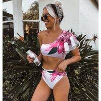 Women Ruffle Bikini Set Floral Printed High Waist Swimwear Single Shoulder Summer Beachwear Push Up Flounce Swimsuit Bath Suit