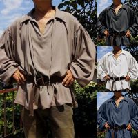 Adult Men Larp Pirate Shirt Tops Medieval Renaissance Lacing Up Bandage Vintage Costume Fluffy Sleeve Blouse Vampire  Cosplay