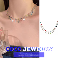 COCOJEWELRY สร้อยคอเพทายลายผีเสื้อสีโดพามีนของผู้หญิงไฟหรูหราดีไซน์เฉพาะกลุ่มโซ่ไหปลาร้ามีพู่ห้อยสำหรับผู้หญิง