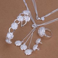 925 Color silver women lady wedding jewelry charm flower pendant necklace celet Stud Earrings ring fashion Sets