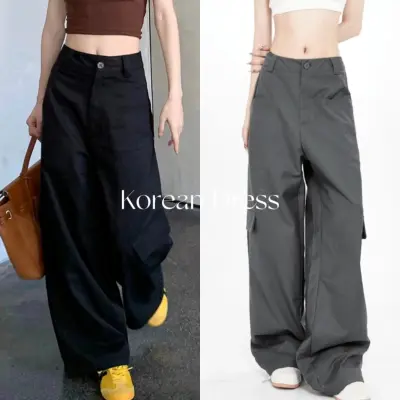 Korean Dressกางเกงขากว้างย้อนยุค กางเกงทรงตรงเอวสูงลำลองแนวสตรีทกางเกงขายาวดีไซน์สลิมสีเทา