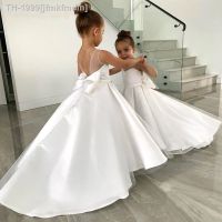 ♕○☼ jfmkfmdm Vestidos floridos para casamentos cetim a linha tule arco longo vestido de dama honra branco simples primeira comunhão